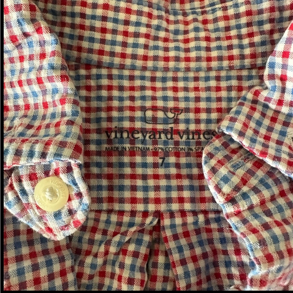 Vineyard Vines Boys Button Down Shirt 7 Plaid Whale blue white
